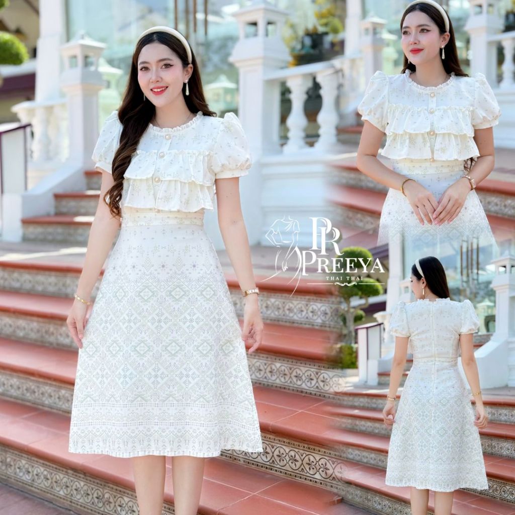D09 ชุดผ้าไทย แบรนด์ปรียา เดรสผ้าเปเป้ พิมพ์ลาย ทิ้งตัวสวย ใส่สบาย คัตติ้งเนี๊ยบ มีไซส์ S-2XL ชุดเดรสทำงาน
