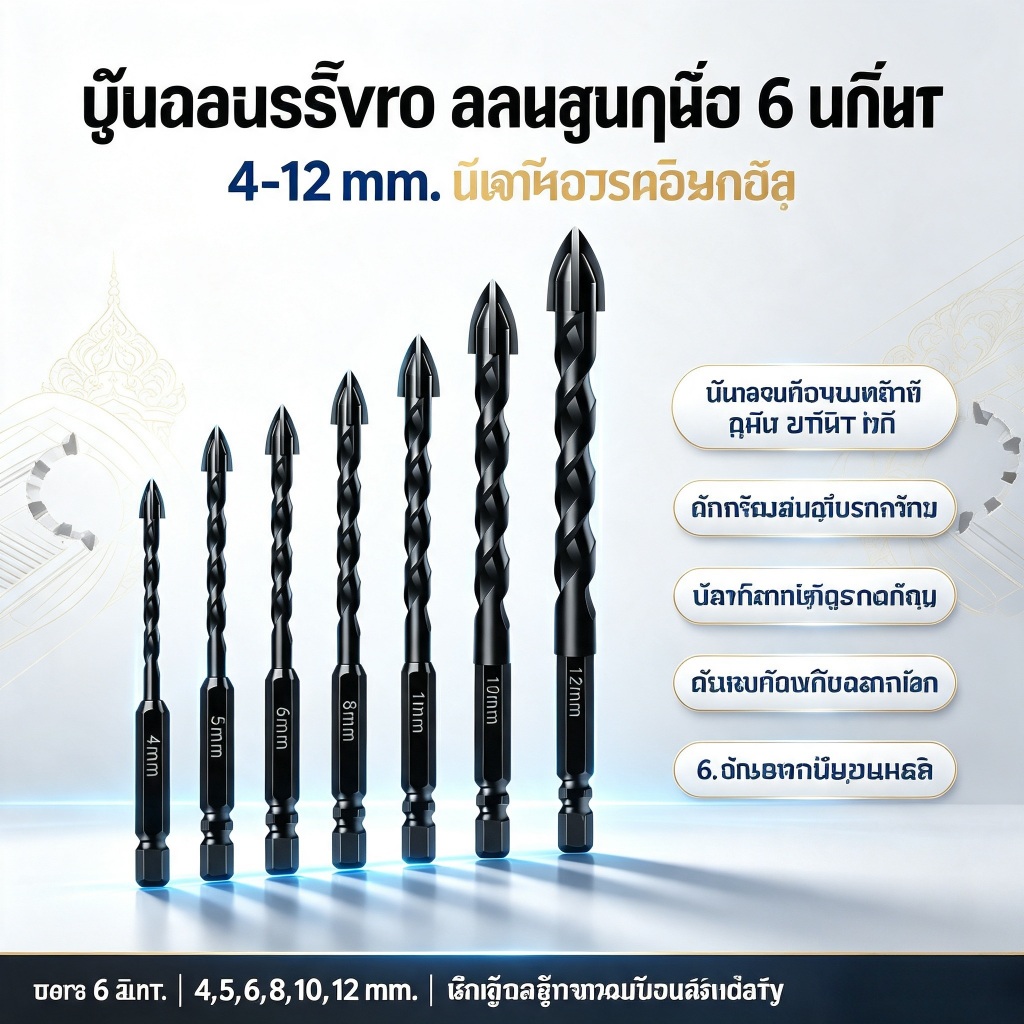 ดอกสว่านเจาะกระเบื้อง 6 ชิ้น หัวคาร์ไบด์แข็งแรง เจาะปูนเจาะผนังไม่แตกร้าว ก้านหกเหลี่ยมใช้กับสว่านมือ สว่านแบตเตอรี่ได้
