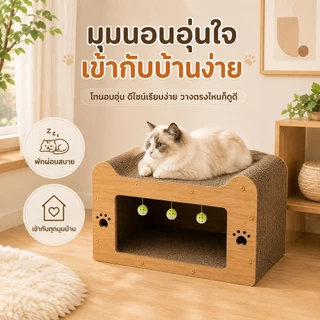 PETWELL ที่ลับเล็บแมว 2 ชั้น พร้อมบ้านแมว ระบายอากาศดี ทนต่อการข่วน ไม่หลุดร่วงง่าย