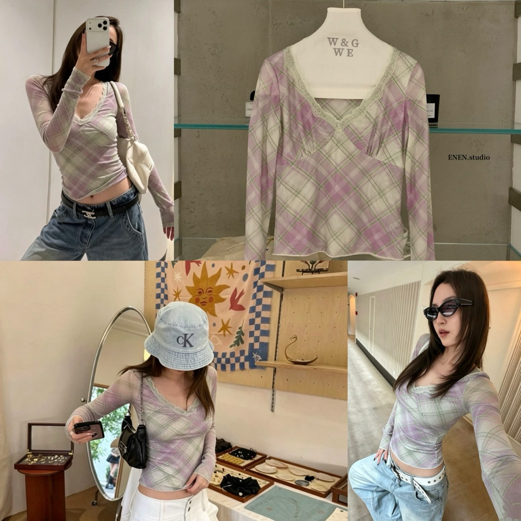 📍พร้อมส่ง📍10629# เสื้อแขนยาวคอวี ผ้าตาข่าย ลายสกอต เนื้อผ้าตาข่ายยืดหยุ่นได้เยอะ ทรงสวย  TAG:WG.WE 🇰🇷