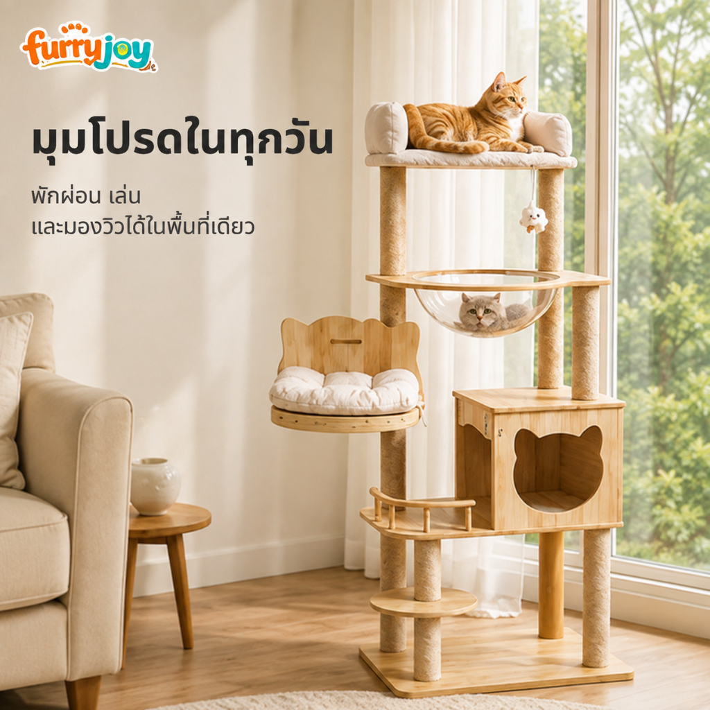 [FurryJoy] คอนโดแมวไม้พรีเมียม หลายชั้น บ้านแมว แคปซูลใส เปลญวน จุดพักผ่อนสำหรับแมว แข็งแรง ไม่ล้ม