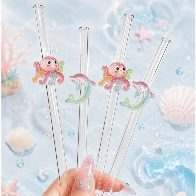 Ocean Friends Glass Straw 🐙🐬 | หลอดแก้วลายสัตว์ทะเล Octopus & Dolphin หลอดใช้ซ้ำได้