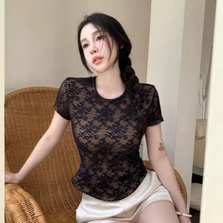 QY.shop เสื้อยืดแขนสั้นลูกไม้แฟชั่นผู้หญิง คอปกกลม เสื้อสายเดี่ยวไม่มีแขน ใส่แล้วผอมเพรียว สีพื้น-FY10191+FY5238