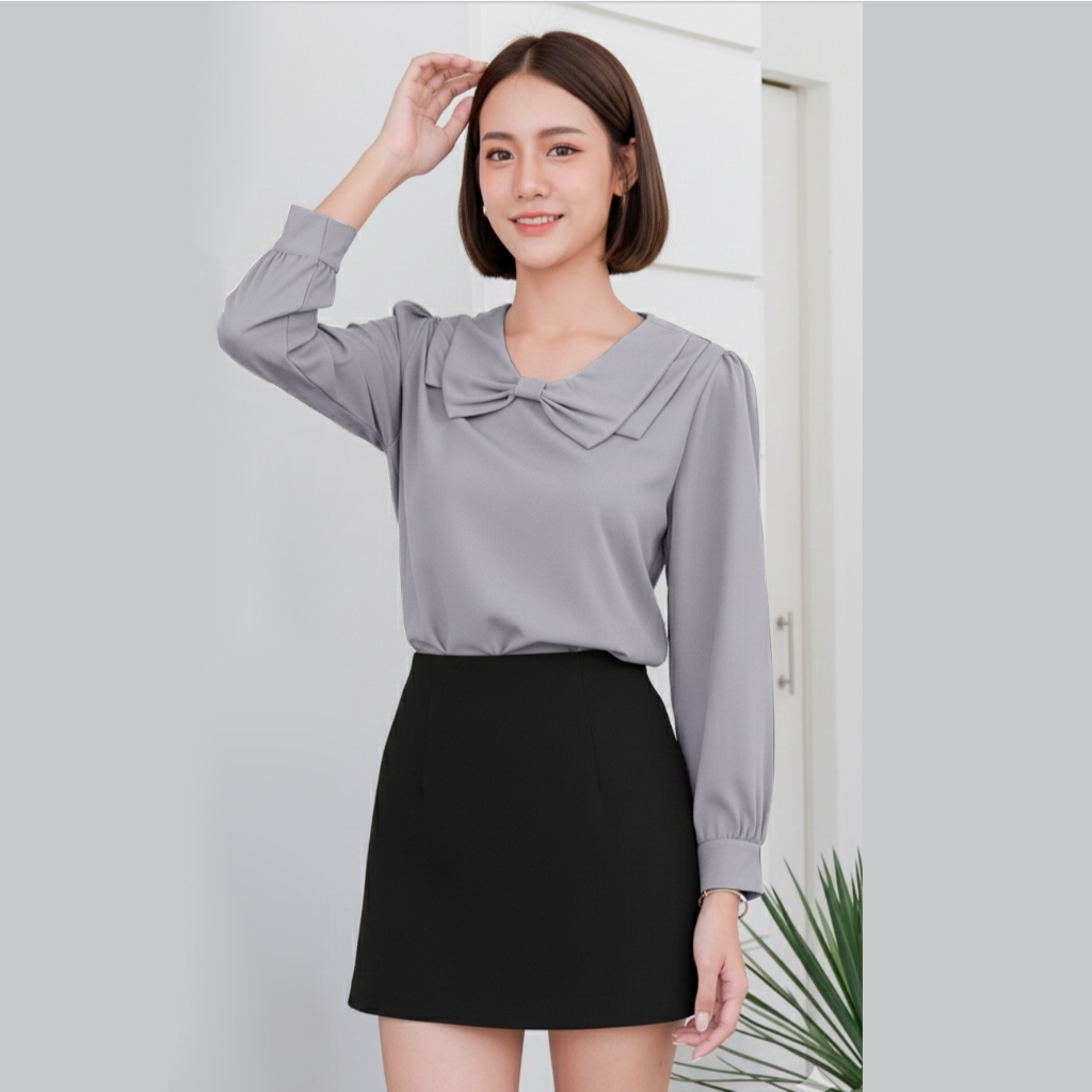 เสื้อรุ่นโบว์คู่ เนื้อผ้าไหมอิตาลี คัดพิเศษ ผ้าใส่สบาย