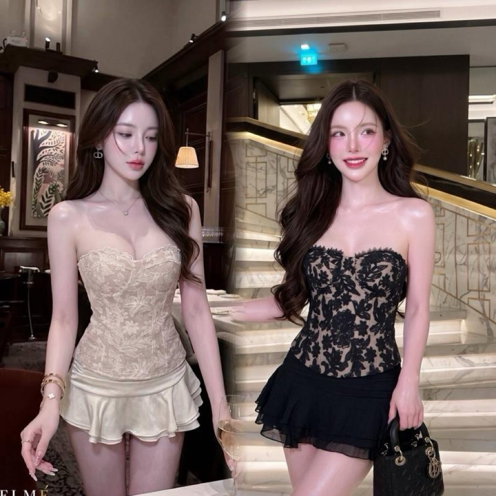 Kitti&Velme SET2ชิ้นเสื้อเกาะอกทรงคอร์เซ็ต ผ้าลูกไม้สีขาวทอลายดอกไม้  สีครีมเบจ  กระโปรงสั้นระบาย มีซับกางเกง มีฟองน้ำ