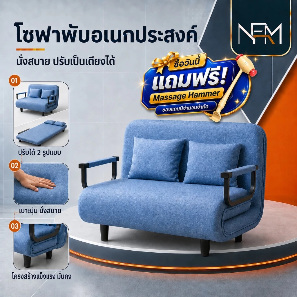 NestFil โซฟา 2 ที่นั่ง ปรับนอน กางได้ พร้อมหมอนอิง 2 ใบ 5 ระดับ ทูอินวัน โซฟาเบดพับได้
