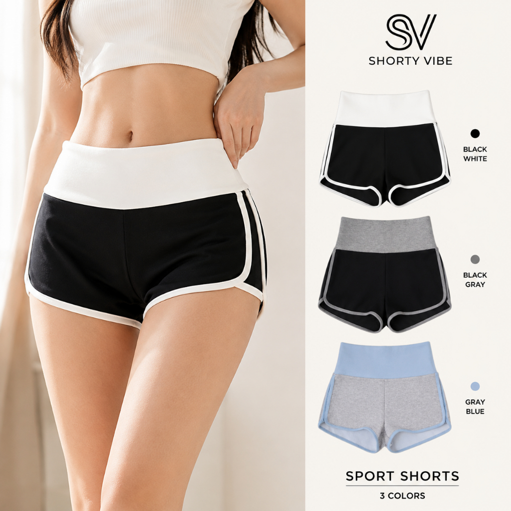 กางเกงขาสั้นผู้หญิง เอวสูง ขาเว้า ทรงสปอร์ต ขอบกุ๊นสีตัด ผ้ายืด ใส่สบาย สไตล์เกาหลี S-XL