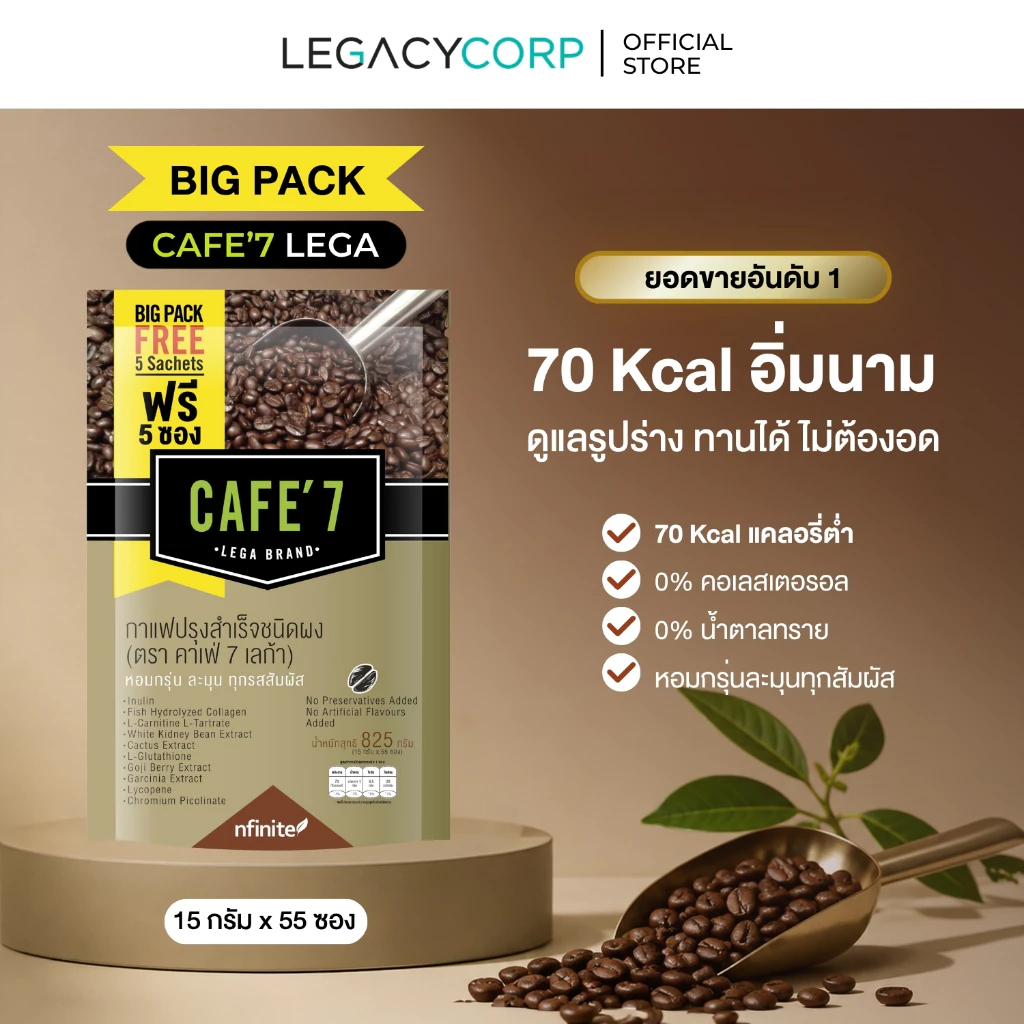 LegacyCorp CAFE' 7 LEGA Big Pack คุ้มกว่า (50 แถม 5 ซอง) กาแฟอาราบิก้าแท้ ไม่มีน้ำตาล 70 Kcal ชงได้ทั้งร้อนและเย็น