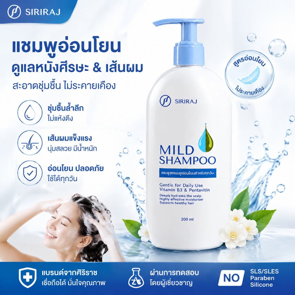 Siriraj Mild Shampoo ลดร่วงผม ขจัดรังแค สูตรธรรมชาติ ปลอดภัยสำหรับผิวบอบบาง