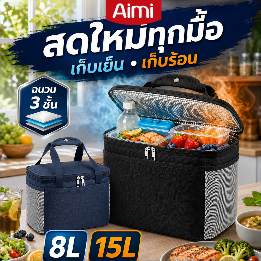 Aimi กระเป๋าเก็บความเย็น เก็บร้อน กล่องอาหาร แบบพกพา มีฉนวนกันความร้อน ขนาด 8L/15L