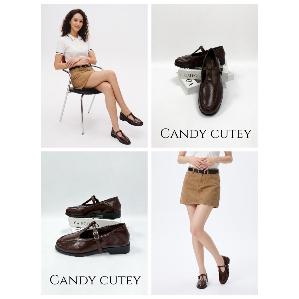 CandyCutey รองเท้า Mary Jane ผู้หญิงสายรัดรูปตัวT หัวมน พื้นแบน หนังนุ่มสบาย ไม่เมื่อยเท้า สไตล์วินเทจ แต่งตัวได้หลายลุค