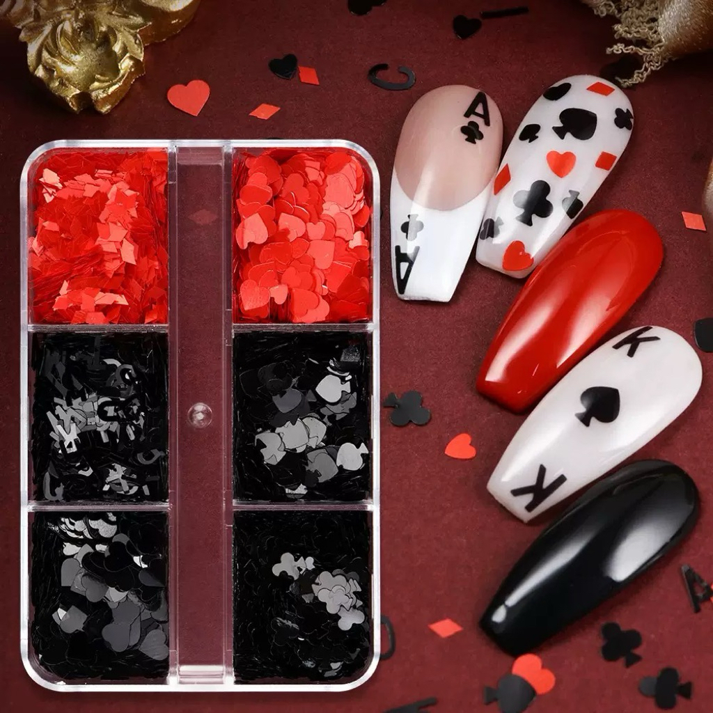(6ช่อง แดง+ดำ)กลิตเตอร์กากเพชร ไพ่สำหรับแต่งเล็บ โจ๊กเกอร์ Poker Design Nail Art