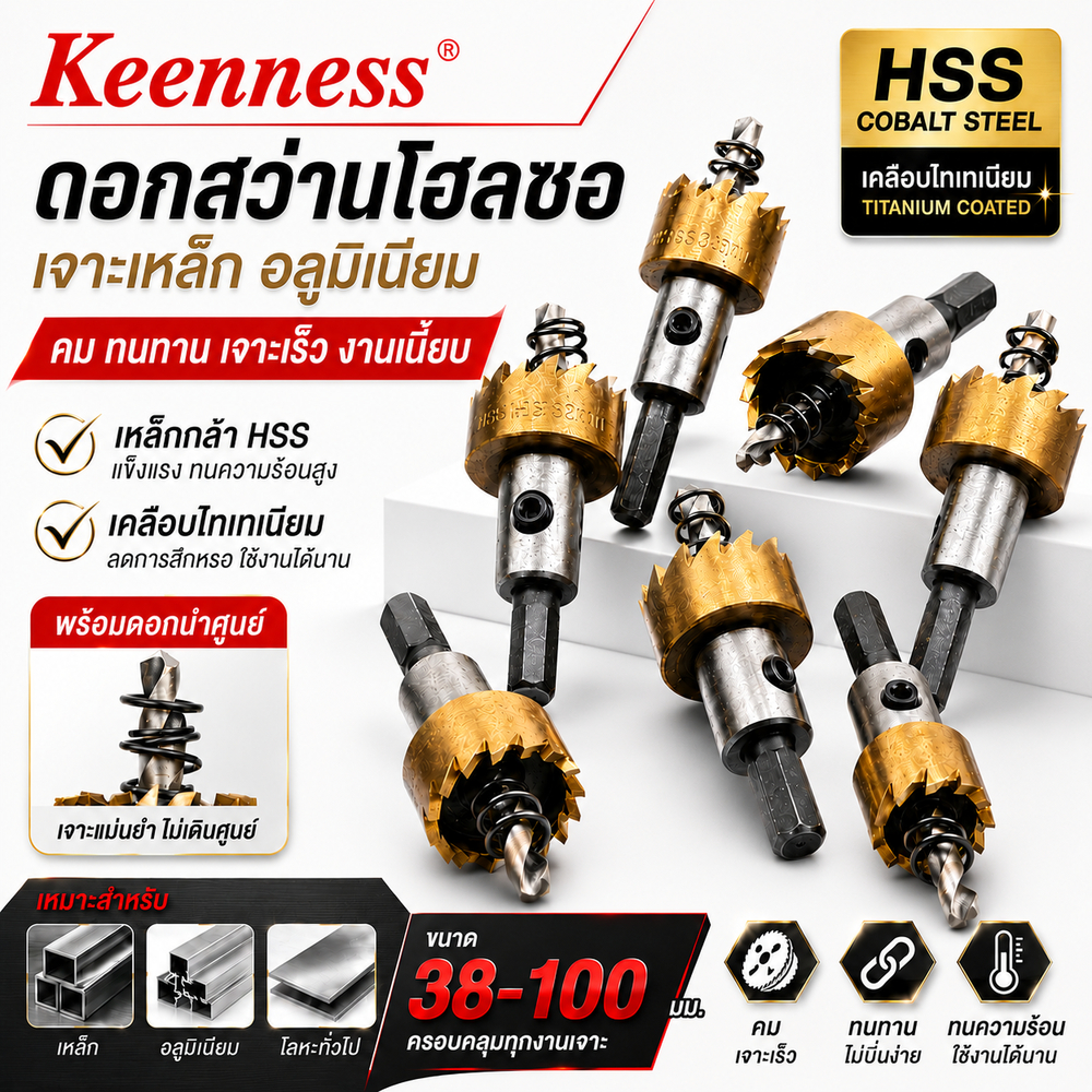 Keenness ดอกสว่านโฮลซอเจาะเหล็ก HSS เคลือบไทเทเนียม ขนาด 38-100mm เจาะอลูมิเนียม พร้อมดอกนำศูนย์ คม ทนทาน