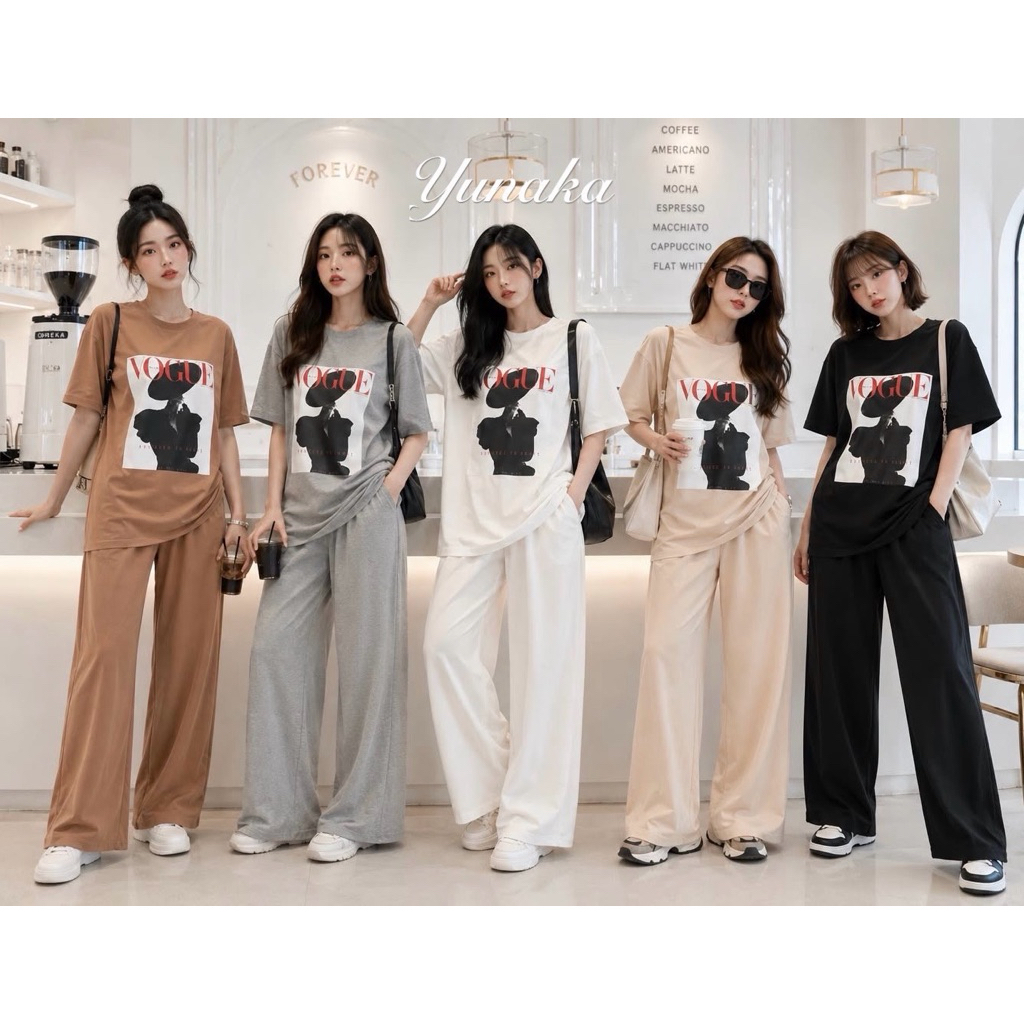 เซทเสื้อยืดแขนสั้น ทรง oversize สกรีนหน้าอกใหญ่ๆกลางเสื้อ มาพร้อมกับกางเกงเอวยางยืด