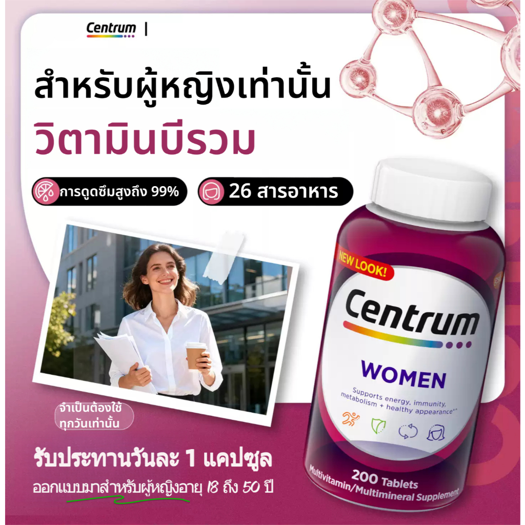 เซนทรัม ผลิตภัณฑ์เสริมอาหารวิตามินและแร่ธาตุรวมสำหรับผู้หญิง (อายุ 18–50 ปี) ขนาด 200 เม็ด;Exp2028