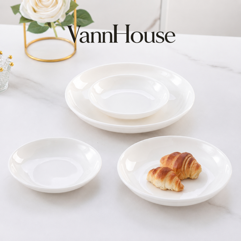 VannHouse จานเซรามิกสีขาวมินิมอล จานชามดีไซน์เรียบหรู สไตล์โรงแรม เข้าไมโครเวฟได้