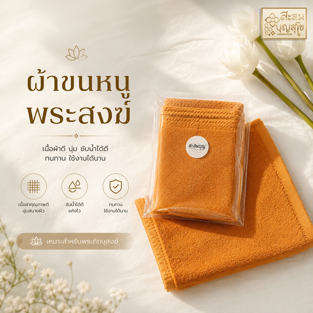 ผ้าขนหนูสำหรับพระสงฆ์ 12x12 นิ้ว 💫 (ตัดใหม่100% นุ่ม ใช้งานได้จริง) ของใช้สำหรับพระ ถวายสังฆทานทำบุญ - ร้านสะสมบุญ สุโข