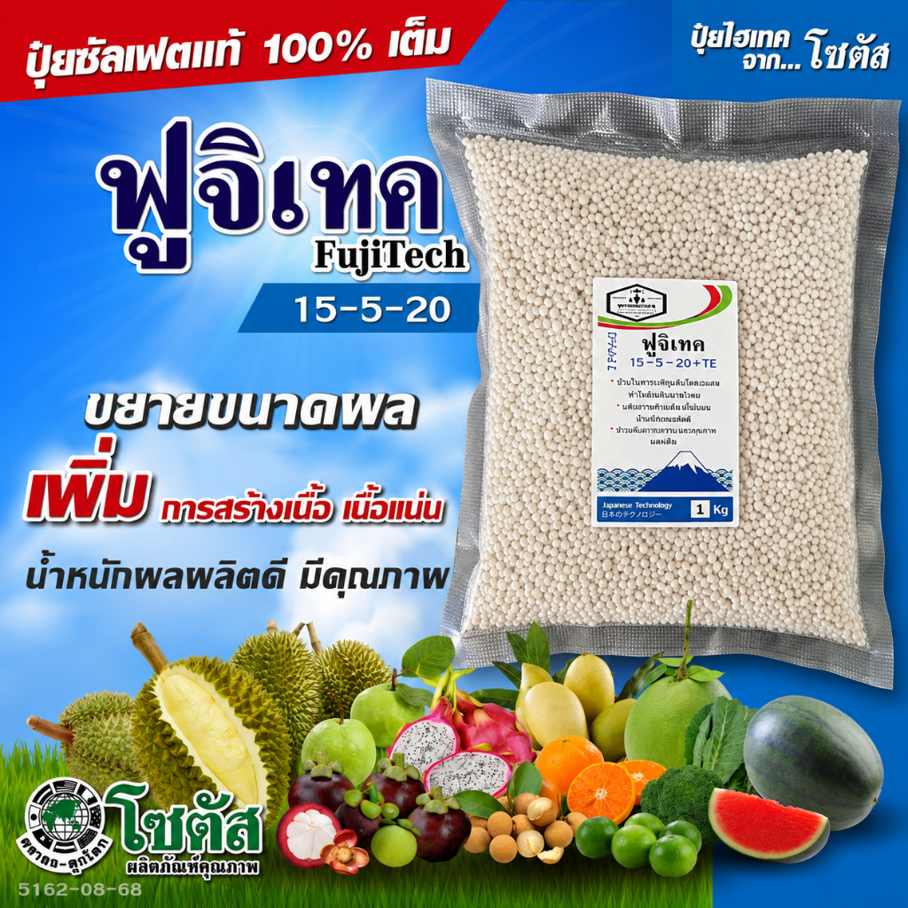 [แบ่งบรรจุ 1กก.] ปุ๋ยฟูจิเทค 15-5-20 +TE (Fujitech)  สุดยอดเทคโนโลยีจากประเทศญี่ปุ่น ปุ่ยโซตัส ปุ๋ยซ