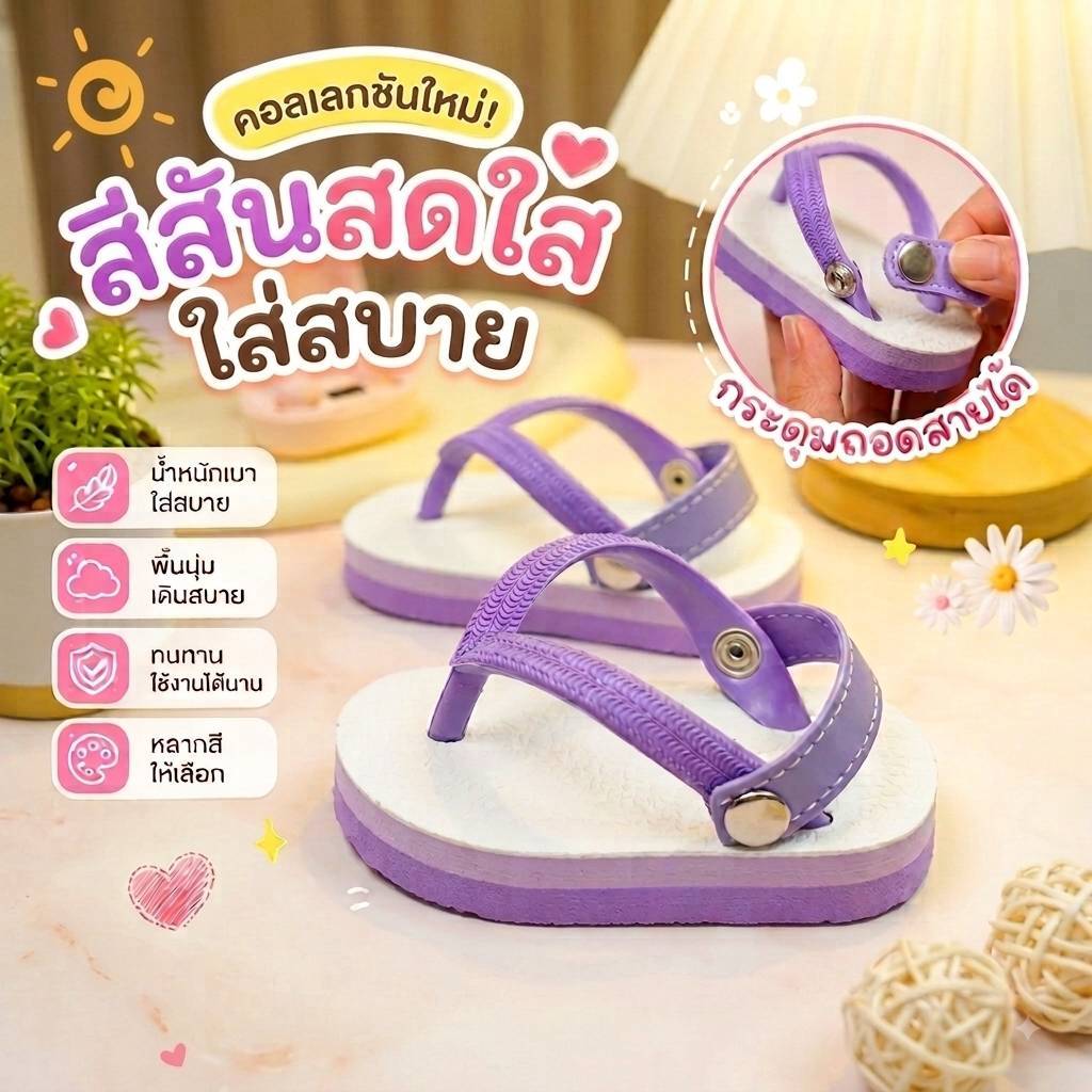 แตะเด็ก สไตล์ช้างดาว สีม่วง (รัดส้นรุ่นกระดุม ถอดสายได้)