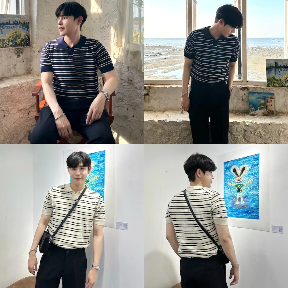 SEOULSHIRTS เสื้อคอปกแขนสั้น ลายริ้ว ไม่มีกระดุม ผ้าหนาไม่บาง ใส่สบาย งานดี สไตล์เกาหลี C37