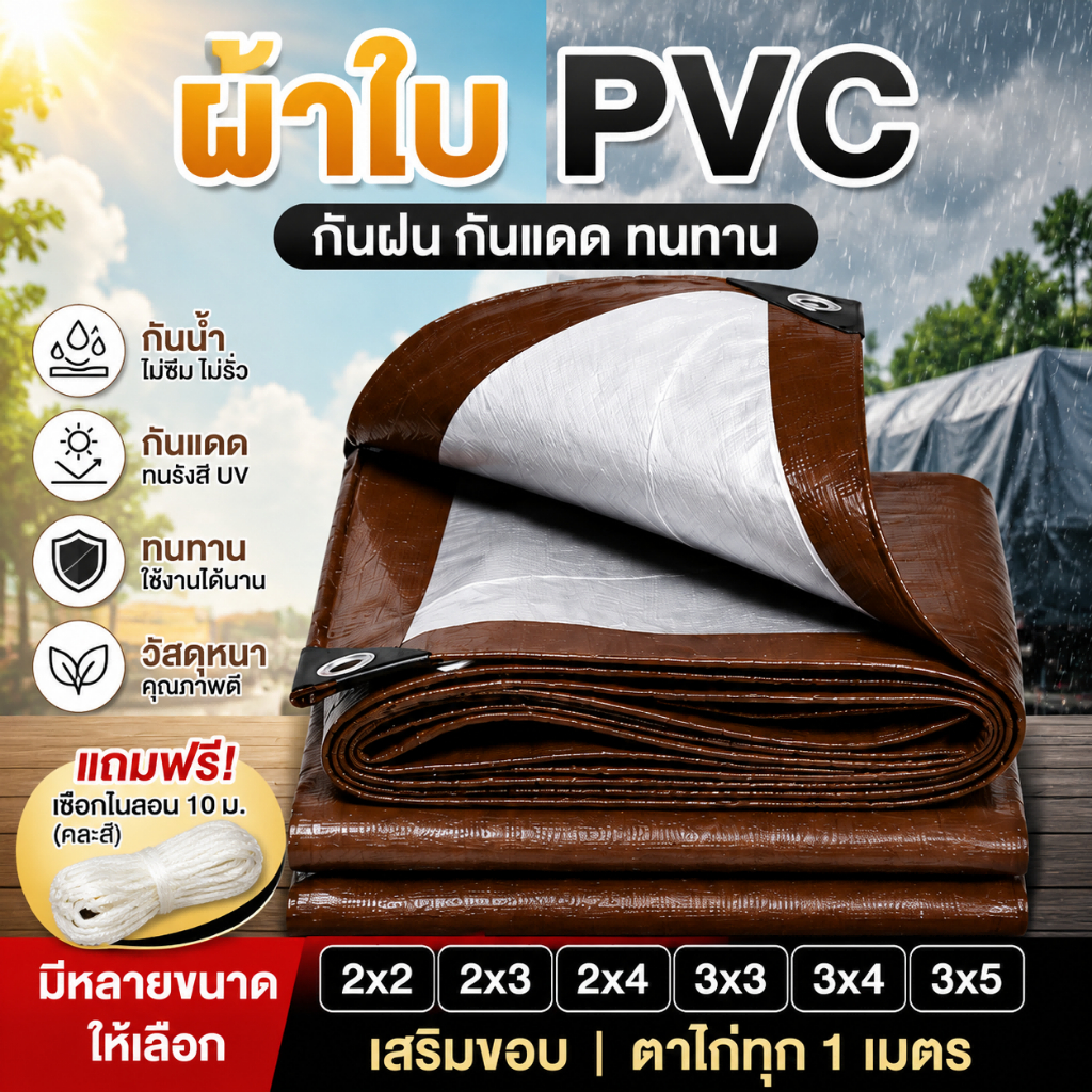 【แถมเชือก】ผ้าใบกันน้ำ กันแดด PE หนาพิเศษ คลุมรถ คลุมของ ใช้งานกลางแจ้ง เลือกขนาดได้