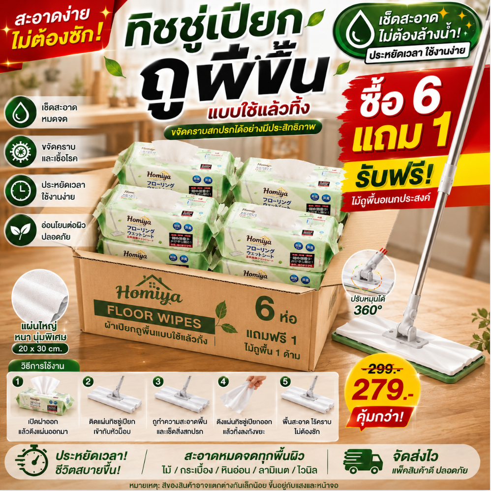 【COD】ผ้าเปียกถูพื้นแบบใช้แล้วทิ้ง 6 ห่อ ชุดสุดคุ้ม แถมฟรีไม้ถูพื้น 1 ด้าม เช็ดสะอาดง่าย ไม่ต้องซักผ้า
