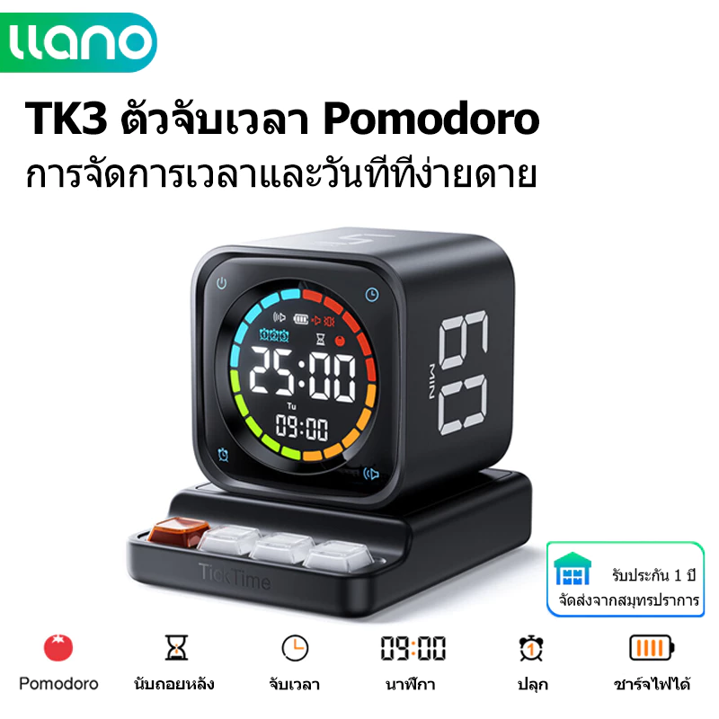 LLANO TK3 Pomodoro Timer Cube | 4-ใน-1: นับถอยหลัง, โพโดโร, สัญญาณเตือน, นาฬิกาจับเวลา | เวลาที่กําหนดเอง | จอแสดงผล นํา