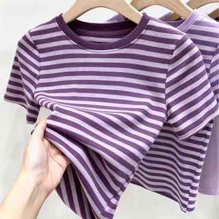 เสื้อยืดสีแดงลายทางสไตล์เกาหลี ผ้าคอตตอนคุณภาพดี ใส่สบายไม่ร้อน เหมาะใส่ทุกวัน
