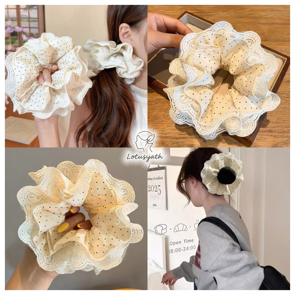 Lotusyath COD ยางรัดผมลายจุดลูกไม้ Y2K หวานเกาหลี ขนาดใหญ่ รัดหางม้า ใช้งานทุกวัน ของขวัญคุณภาพ