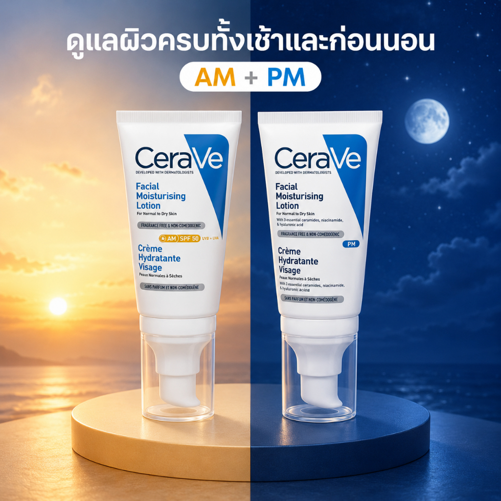 AM + PM Facial Moisturising Lotion เซ็ตบำรุงผิวเช้าและก่อนนอน AM SPF50 สำหรับผิวธรรมดา–ผิวแห้ง