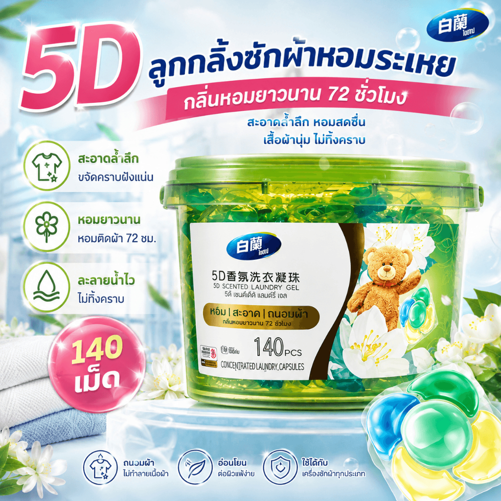 【แถมฟรี】ลูกกลิ้งซักผ้า 5D ของ Bai Lan สูตรเข้มข้น 99% กำจัดเชื้อแบคทีเรียและไร ให้ความสะอาดสดชื่น เพิ่มซื้อ 140 เม็ด แถม