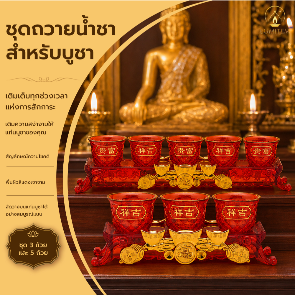LUMITEM ชุดถ้วยชาจีน ถ้วยถวายพระ พร้อมฐานรอง ลายมงคล น้ำชา ไหว้เจ้าไม่แตก ใช้ไหว้เจ้า บูชายัญ