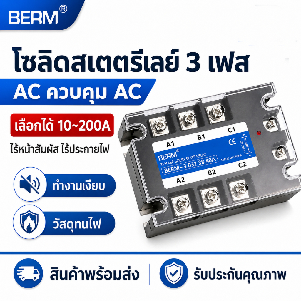 BERM SSR 3เฟส AC-AC 40A โซลิดสเตทรีเลย์ 3Phase Solid State Relay AC Control รีเลย์ไร้หน้าสัมผัส
