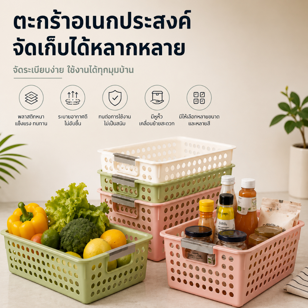 HOKEMP ตะกร้าใส่ของ ตะกร้าเก็บของอเนกประสงค์ ตะกร้าเก็บของในบ้าน เจาะรูระบายอากาศ เสริมด้ามจับ