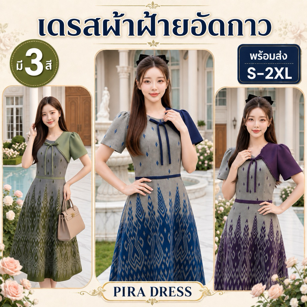 PIRA DRESS เดรสผ้าฝ้าย อัดกาวทั้งชุด พร้อมส่ง 3 สี