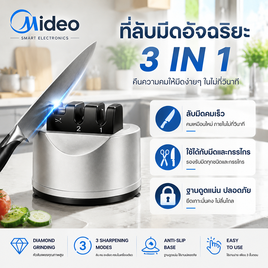 Mideo ที่ลับมีด 3 in 1 Knife Sharpener ที่ลับมีด ลับคม ลบรอย ลับกรรไกร ยึดติดได้