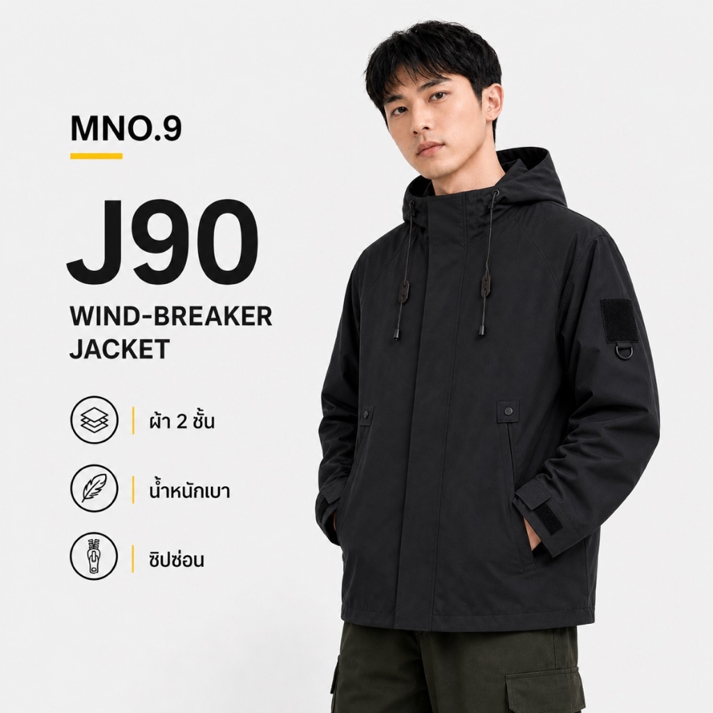 MNO.9 J90 แจ็คเก็ตกันลมผ้าร่ม Unisex มีฮู้ด ผ้า 2 ชั้น น้ำหนักเบา ซิปซ่อน ปรับชายเสื้อได้