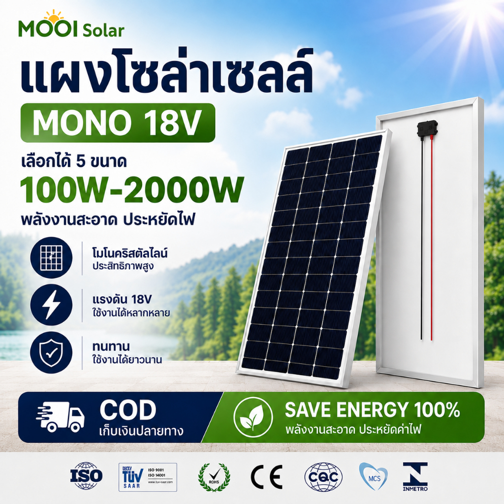 [☀️SALE]แผงโซล่าเซลล์ 18V 100W 200W 300W 500W 1000W 2000W MONO พร้อมสายคีบแบต Solar Cell โซล่าเซลล์ 