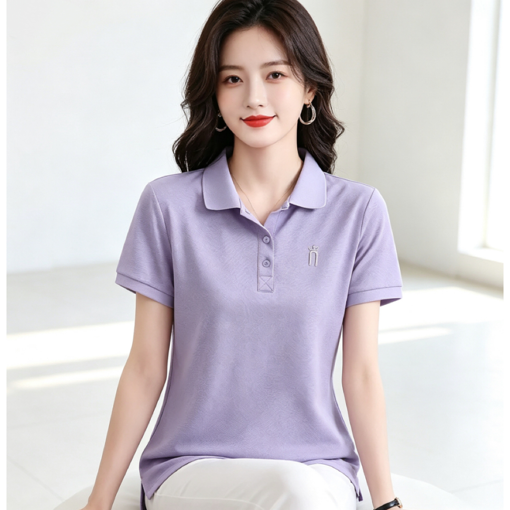 เสื้อโปโลแขนสั้นสำหรับสุภาพสตรีวัยผู้ใหญ่ – ดีไซน์เรียบหรูสไตล์มินิมอลและดูดีมีระดับ; คอลเลกชันใหม่รับซัมเมอร์ สีพื้น สว