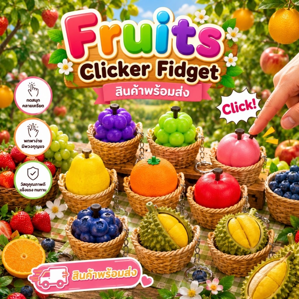 พวงกุญแจผลไม้ Fruit Clicker Keychain (ปริ้น 3D) ของเล่นคลายเครียด ของที่ระลึก ห้อยกระเป๋าสวยๆ