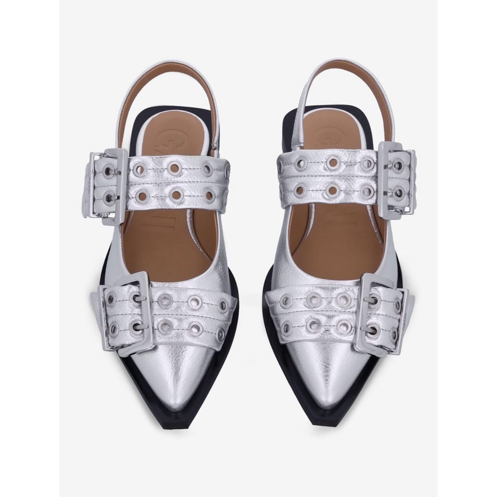 Ganni Silver buckled pointed-toe ballerina flat แท้💯%