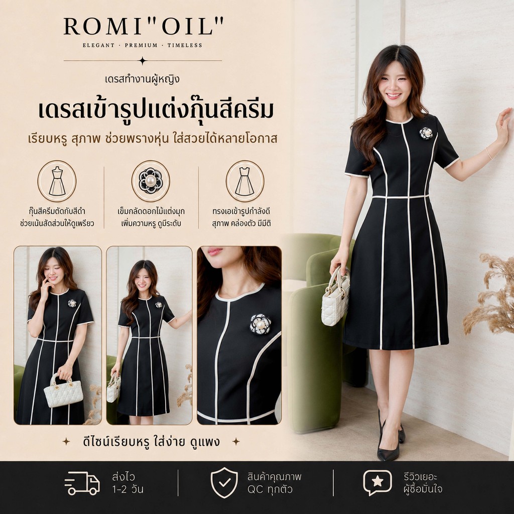 "Romi"Oil" Mimi Dress (Black) K430 ชุดเดรสสีดำ (แต่งกุ๊นมีเข็มกลัดดอกไม้)