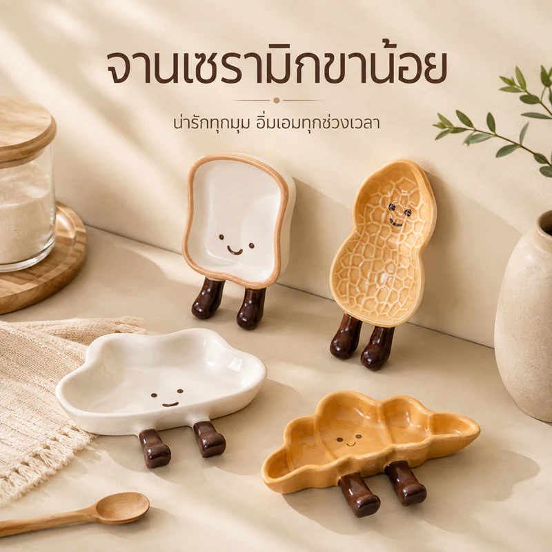 ถ้วยเครื่องปรุง จาน ถ้วย ถาดเซรามิกน่ารัก รูปขนมปัง/ถั่ว จานเซรามิกปรุงรส