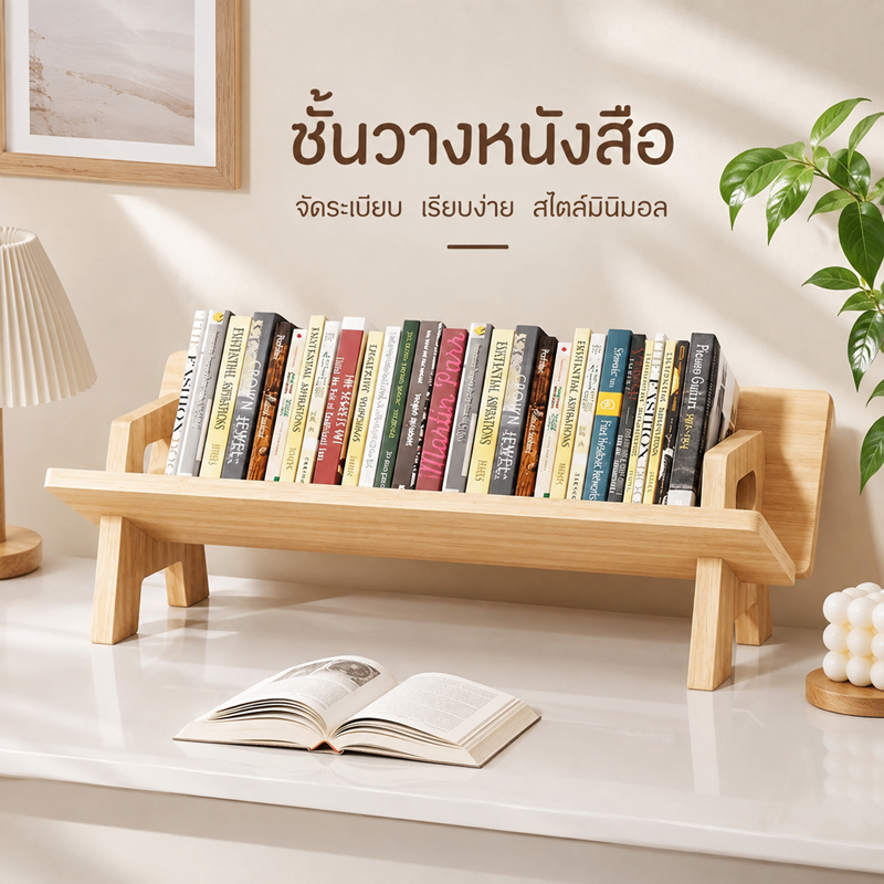 หนังวางหนังสือทรงเก้าอี้ ชั้นวางหนังสือไม้เอียง โทนมูจิ ตั้งโต๊ะสวย แข็งแรง ใช้งานสะดวก วางโต๊ะอ่านหนังสือหรือโต๊ะทำงาน