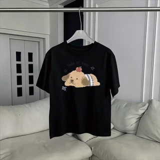 เสื้อ Boxy tee สไตล์เกาหลี ผู้หญิง พิมพ์ลายกระรอกโบว์น่ารัก ทรงกว้าง แขนสั้น ผ้าคอตตอน ใส่สบาย