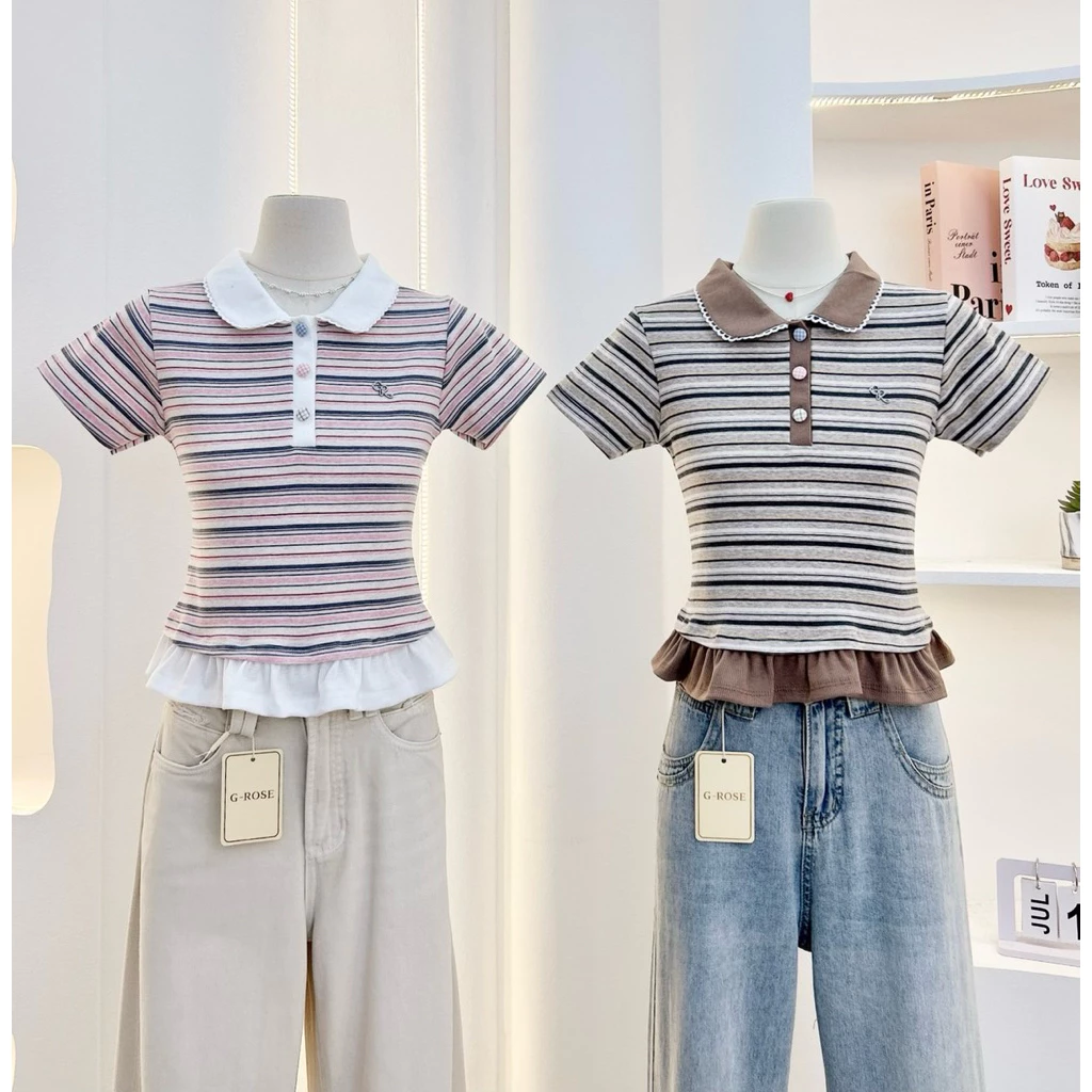 G-rose เสื้อเชิ้ตลายริ้ว แต่งชาย2ชั้นสีพื้น
