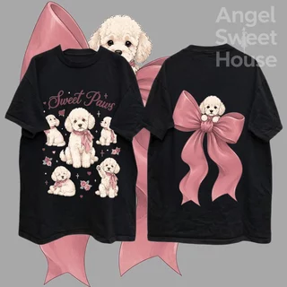 (COD) Angle Official เสื้อยืดผู้หญิงแขนสั้น ทรงหลวม ลายน้องหมากับโบว์ชมพู Sweet Paws สไตล์หวานน่ารัก ผ้านุ่ม ใส่สบาย