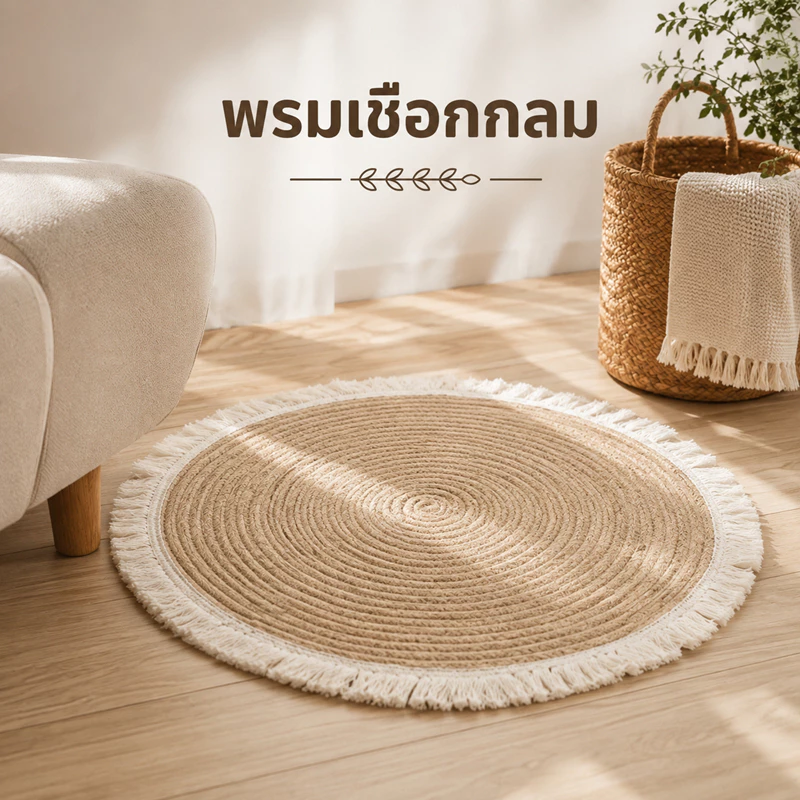 พรมกลมสีกากีขอบขาว 40cm 60cm 100cm พรมปูพื้นกลม เชือกฝ้าย พรมมินิมอลสไตล์ Muji พรมตกแต่งห้อง ขอบพู่ พรมปูห้องนั่งเล่น ห้