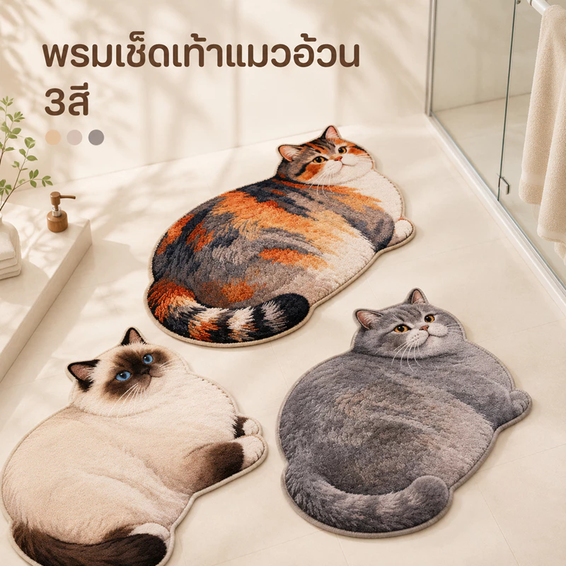 พรมเช็ดเท้าลายแมว แมว3สี พรมเช็ดเท้าลายแมวอ้วน พรมหน้าประตู พรมห้องน้ำ ซับน้ำ กันลื่น พรมดักฝุ่น ลายแมวน่ารัก 3D ขนาด 40