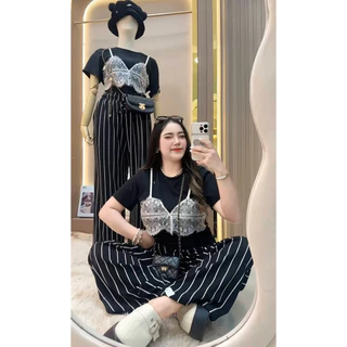 ชุดเซตเสื้อแต่งลูกไม้+กางเกงแต่งแถบ 🐰🌸อก34-46 เอว30-40 สพ50